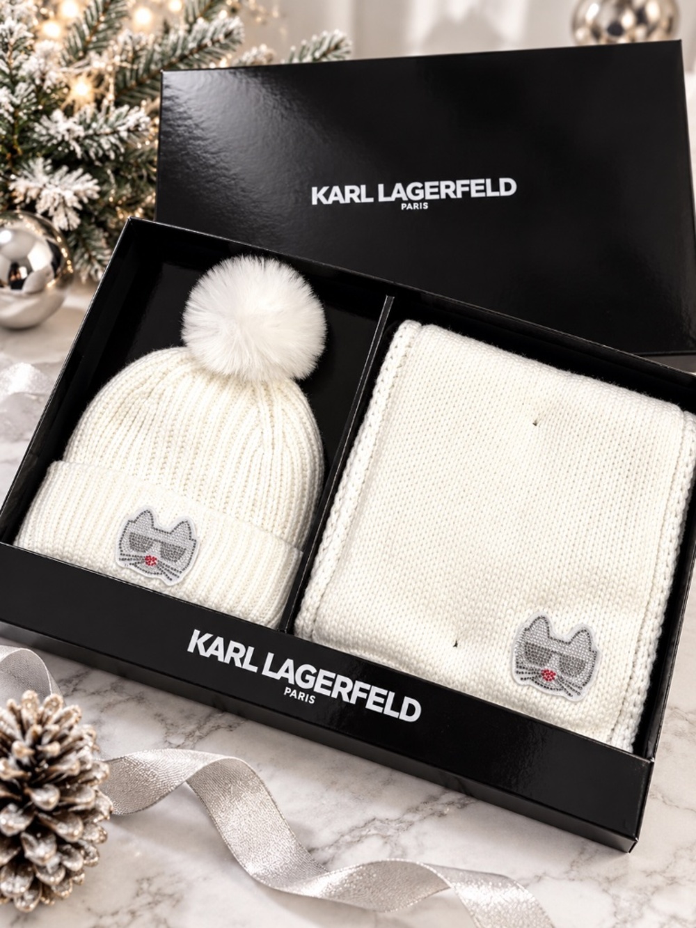 Karl Lagerfeld Paris Hat Scarf 2pc Gift Box Set White Rhinestone NWT